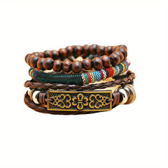 3 Pcs Pack Vintage Woven Bracelet Metal & Wooden Beads Charm Punk
