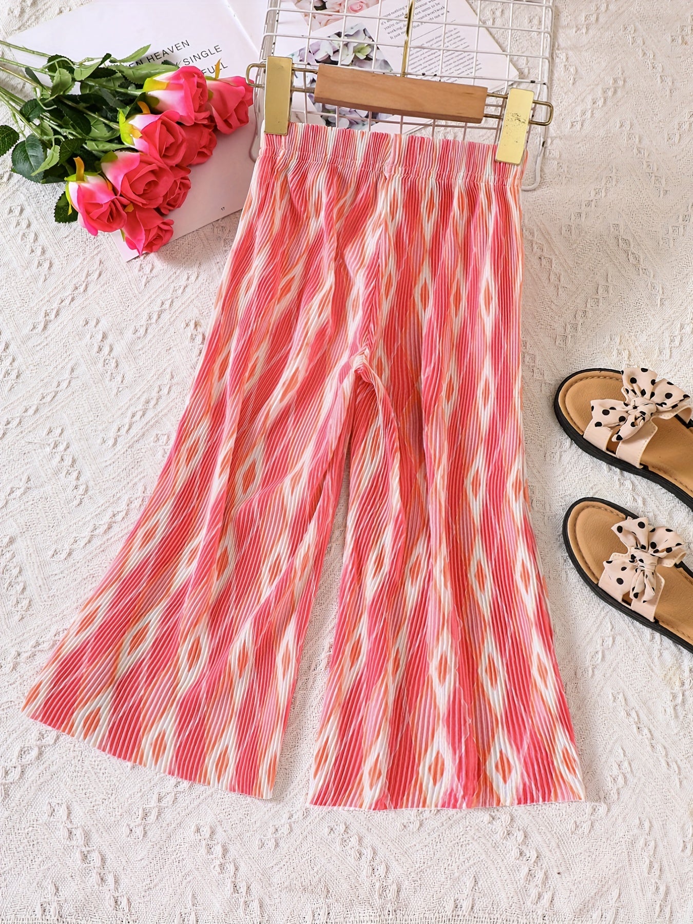 Girls Geometric Print Pleated Trousers With Bow Casual Pants
