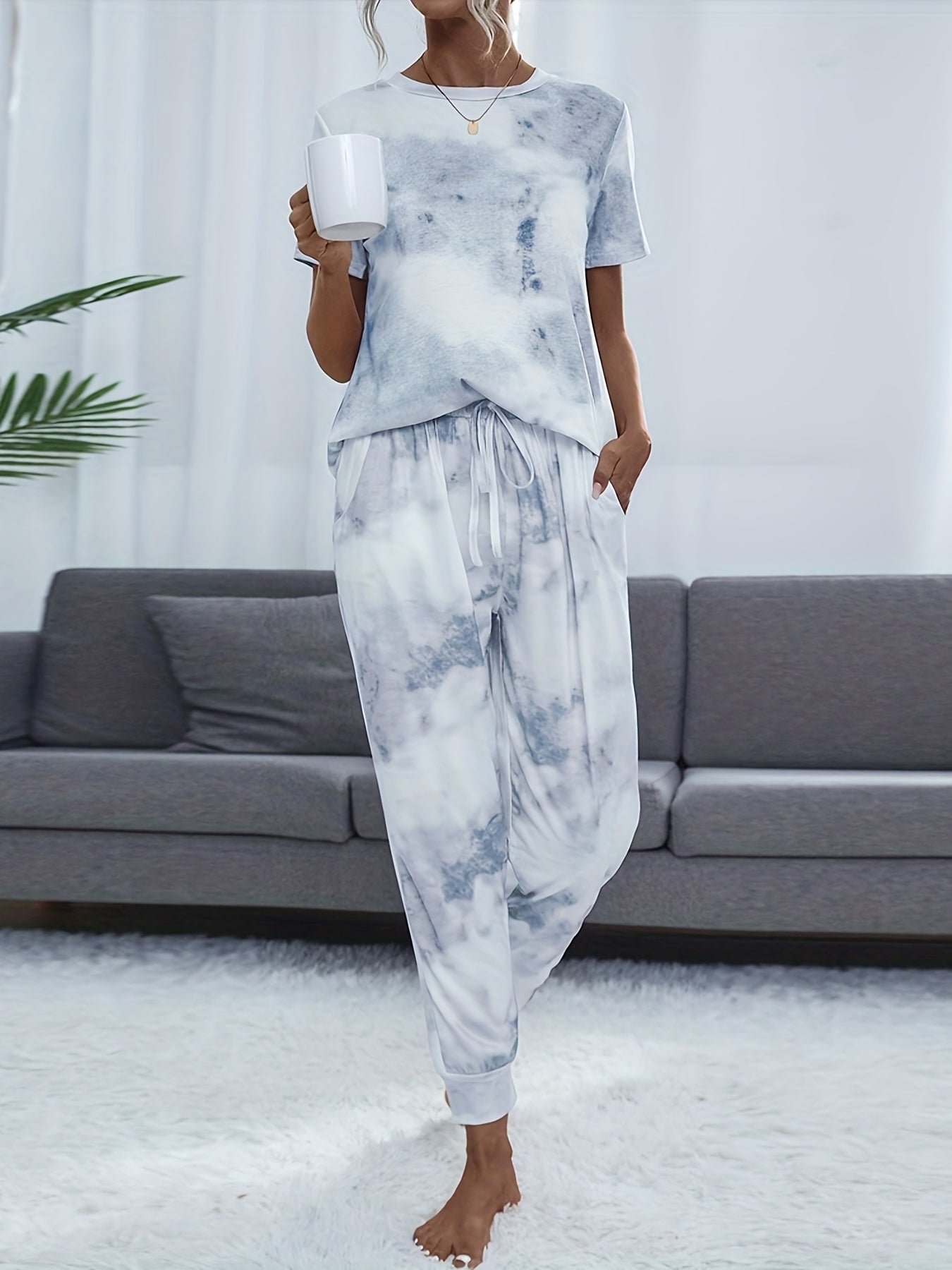 Tie Dye Lounge Set Crew Neck Top & Lace Up Pants