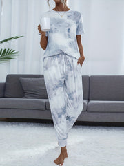 Tie Dye Lounge Set Crew Neck Top & Lace Up Pants