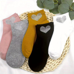 Heart Rhinestone Socks 5 Pairs Comfy Crew Women's Stockings