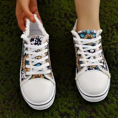 Leopard & Floral Print Canvas Shoes Lace Up Round Toe Low Trim