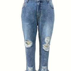 Fringe Trim Jeans Washed Ripped Button Fly