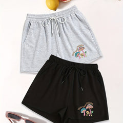 Mushroom Print Drawstring Shorts 2 Pack Women's Elastic Waist Shorts