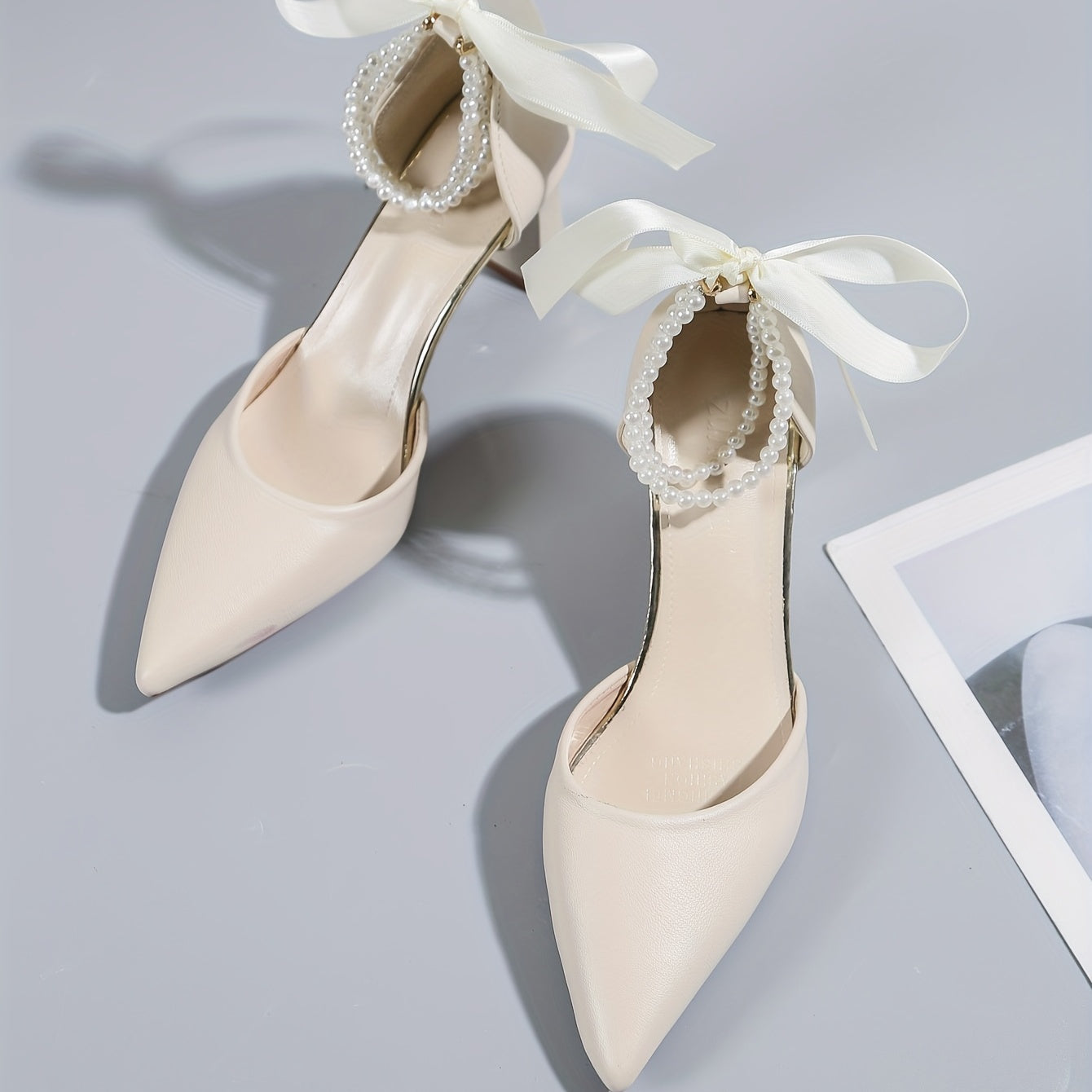 Faux Pearl Chain Block Heel Pumps with Bow Detail