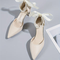 Faux Pearl Chain Block Heel Pumps with Bow Detail