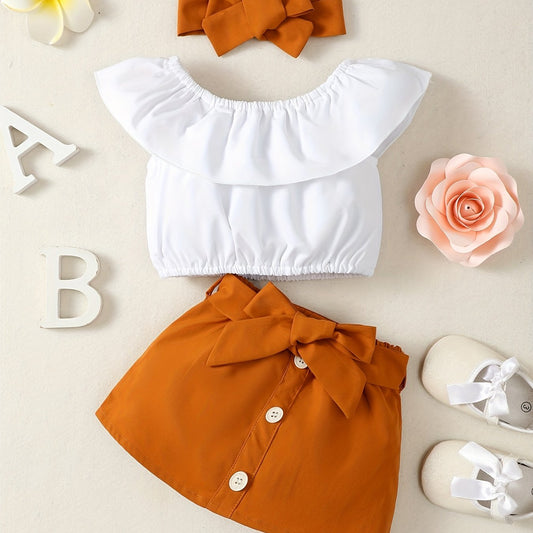 3pcs Baby Girl Dress Suit Off Shoulder Tops & Skirt & Headband Summer Outfits