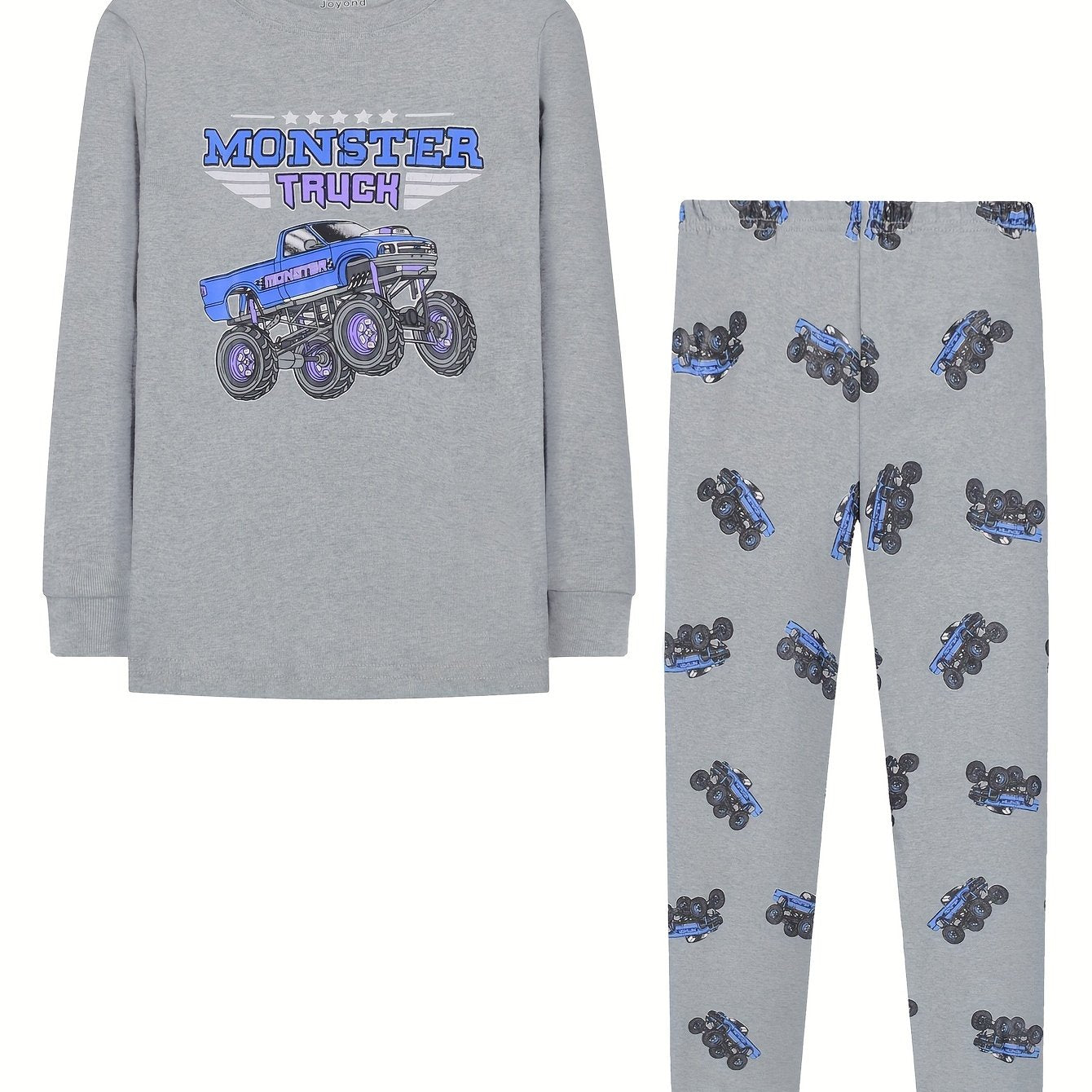 Kid's MONSTER TRUCK Print Pajama Set Long Sleeve Top & Pants