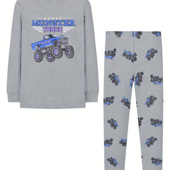 Kid's MONSTER TRUCK Print Pajama Set Long Sleeve Top & Pants