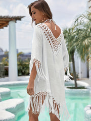 Hollow Out Crochet Boho Cover Up Dress V Neck Solid Beach Kaftan