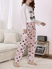 Panda Print Pajama Set Long Sleeve Crew Neck Top & Pants Women's Sleepwear