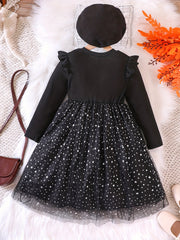 Youth Girl Starry Sky Spliced Mesh Long Sleeve Bowknot Party Dress Set