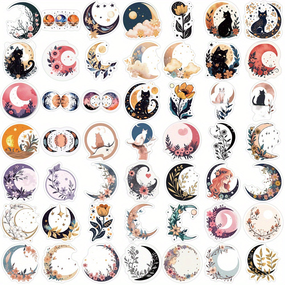 50pcs Moon Flower Cat Cartoon Stickers PVC Decals for Luggage Guitar Car Skatebo