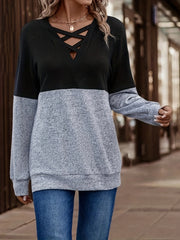 Block Long Sleeve Sports T shirts V neck Casual Running Tops Women's Tops