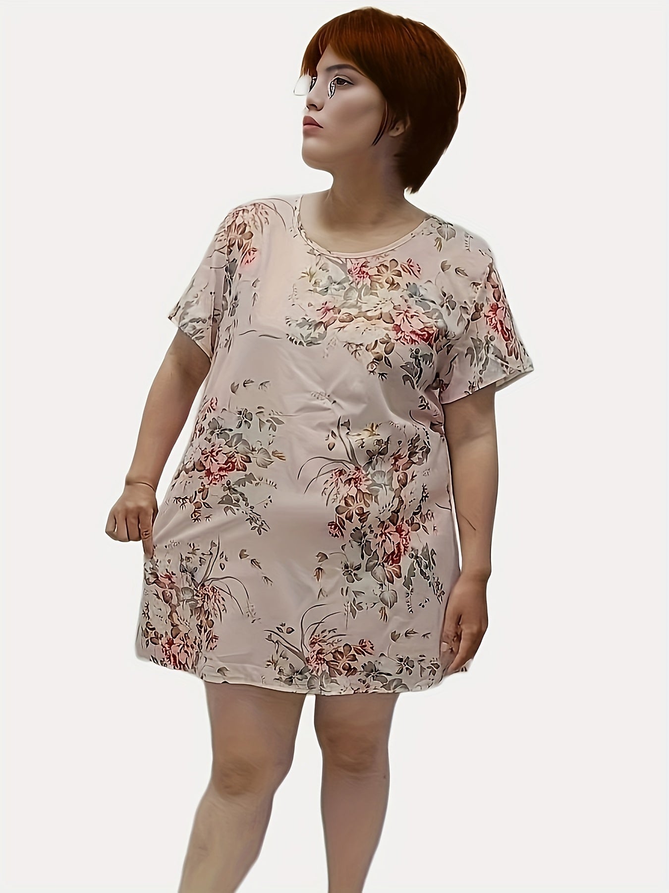 Floral Print Plus Size Loungewear Dress with Short Sleeve Tee Nightdress
