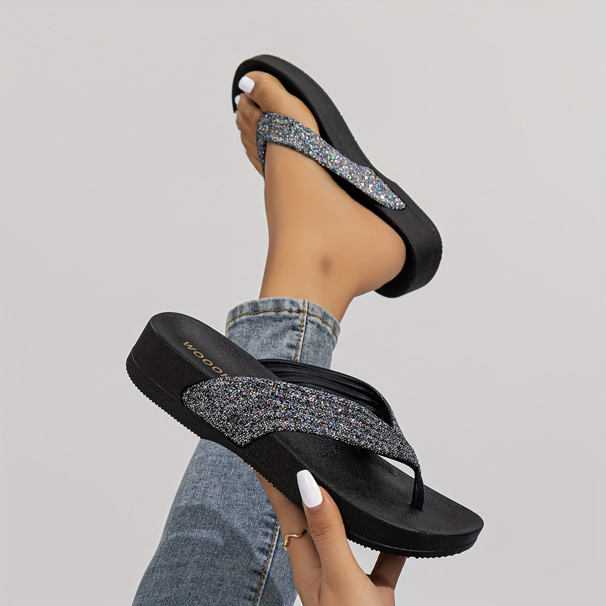 Women's Rhinestone Flip Flops Open Toe Wedge Sandals