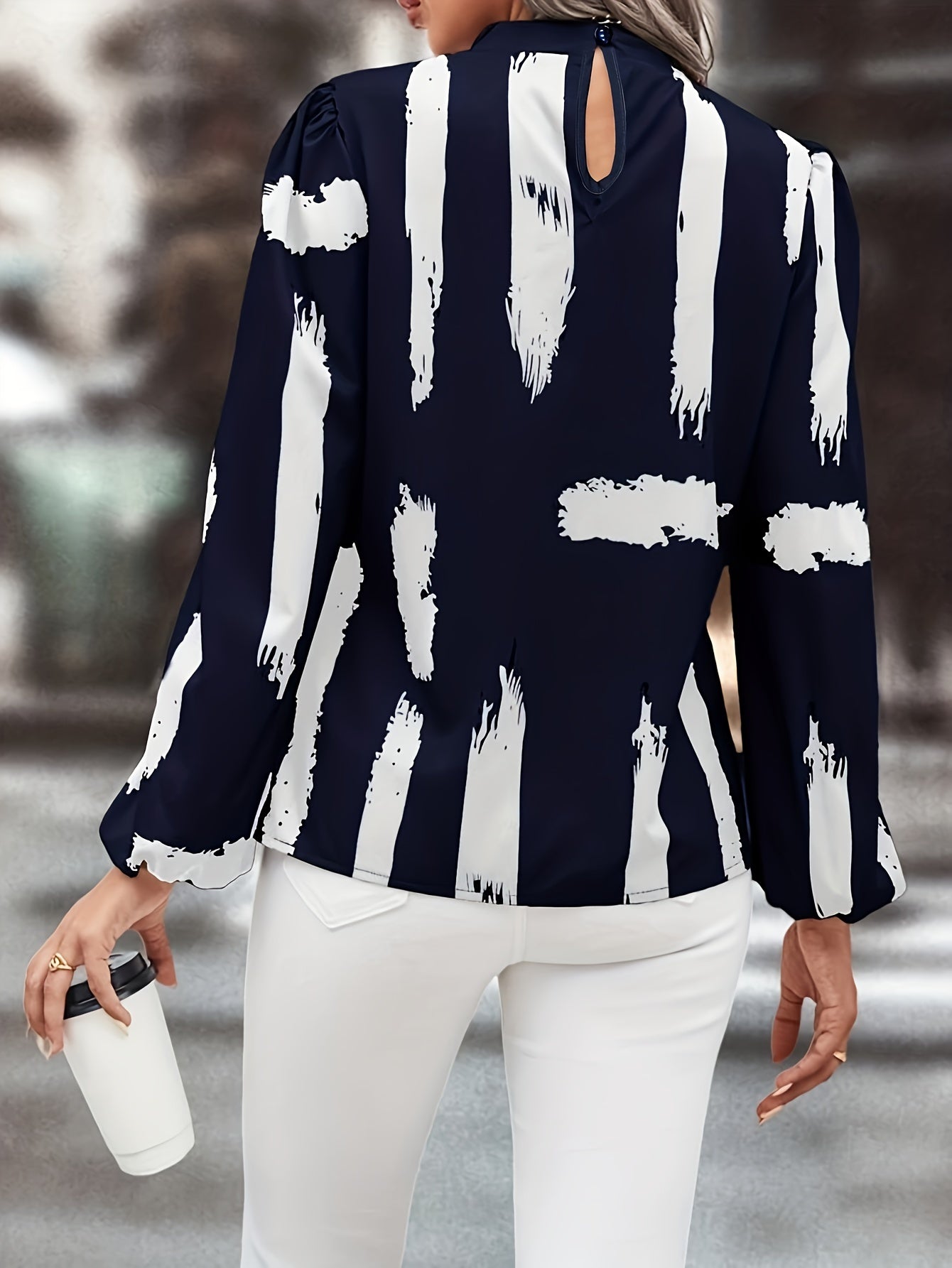 Brush Print Lantern Sleeve Blouse Plus Size