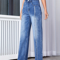 Frayed Patch Pocket Straight Leg Jeans Medium Wash High Rise Casual Denim Pants
