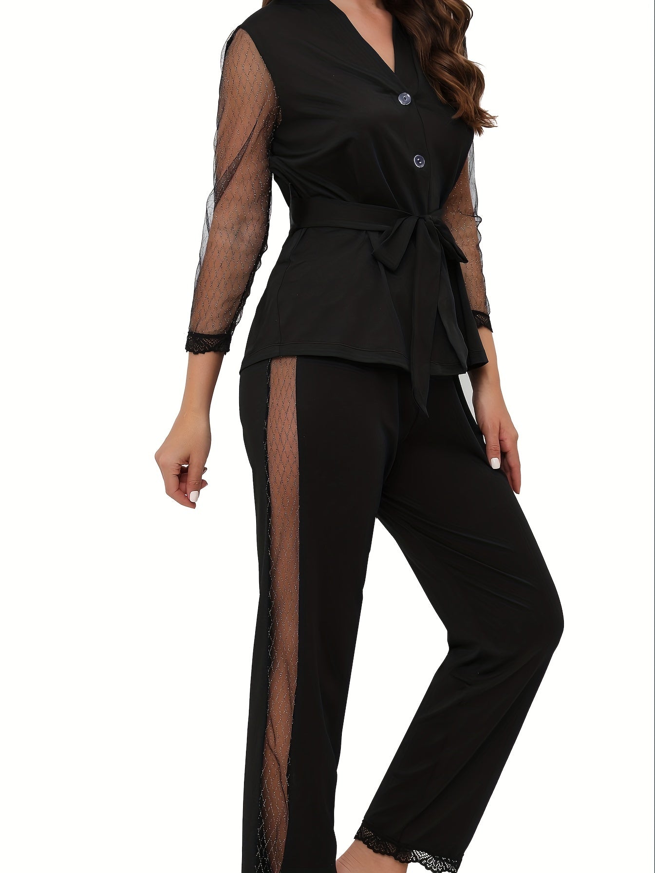 Mesh Stitching Lounge Set Long Sleeve V Neck Top & Elastic Waistband Pants
