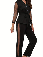 Mesh Stitching Lounge Set Long Sleeve V Neck Top & Elastic Waistband Pants