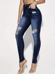 High Rise Ripped Thigh Skinny Jeans Dark Denim Pants