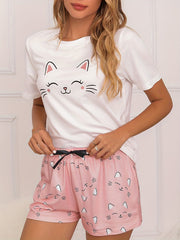Cat Print Lounge Set Top & Shorts Lace Up Women's Pajamas