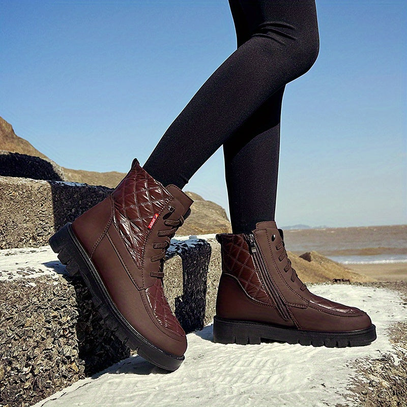 Women's Quilted Snow Boots Round Toe Lace Up Ankle Boots