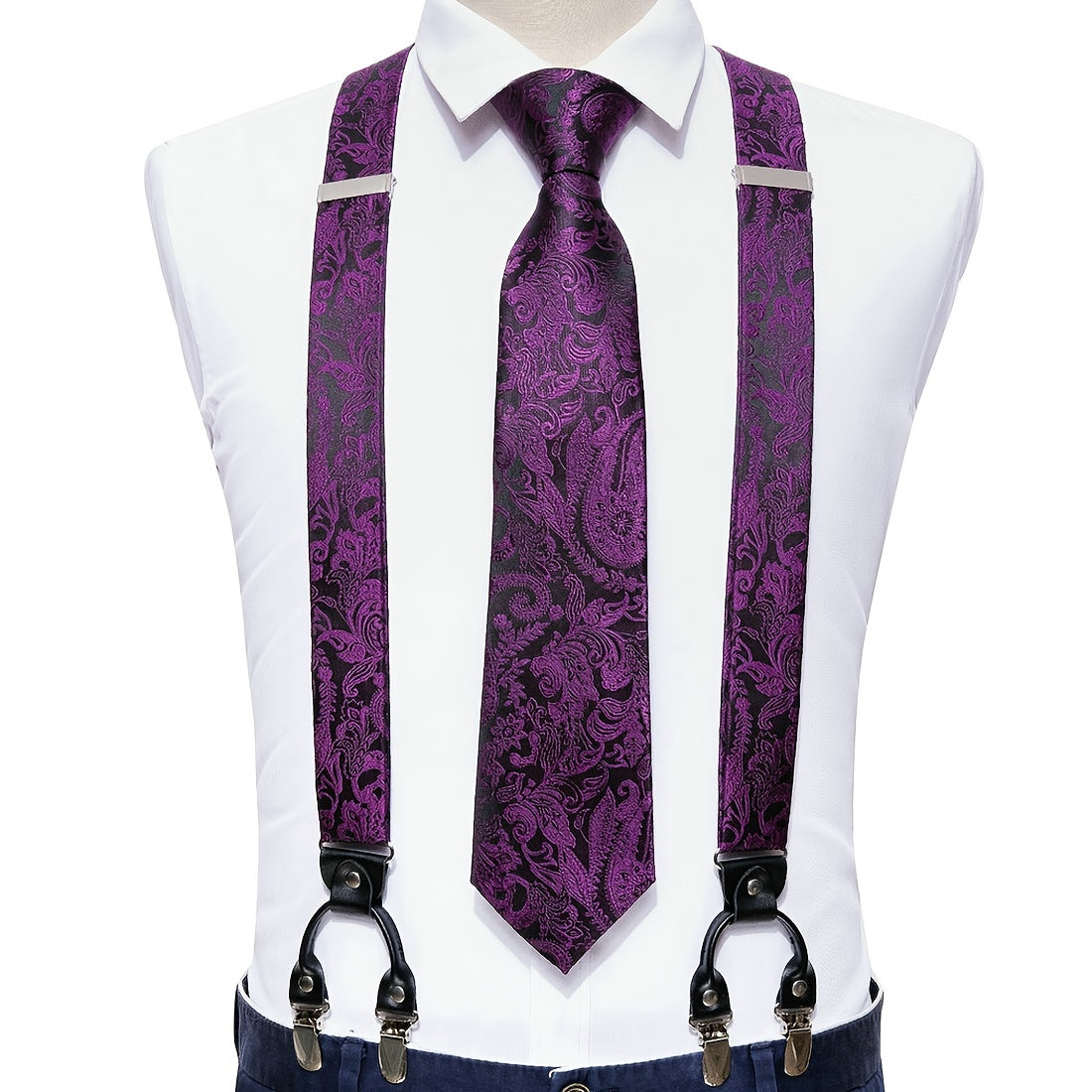 Barry Wang Mens Suspender Tie Set Y type Floral Paisley Silk Necktie Wedding