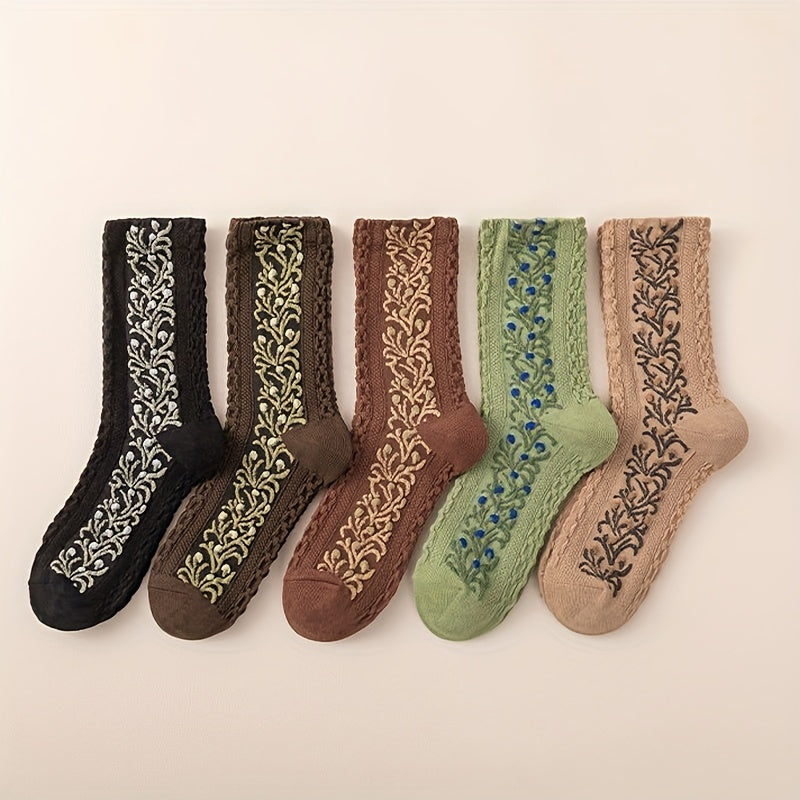 5 Pairs Floral Print Socks Comfy & Breathable Women's Mid Tube Stockings