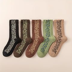 5 Pairs Floral Print Socks Comfy & Breathable Women's Mid Tube Stockings