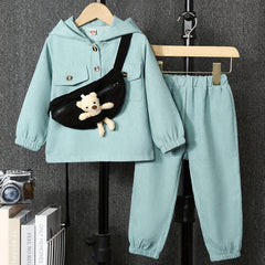 3pcs Teen Casual Pocket Front Hoodie & Pants & Sling Bag Set