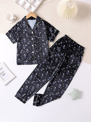 2pcs Girls Floral Print Short Sleeve T shirt And Elastic Waist Pants Pajama Set