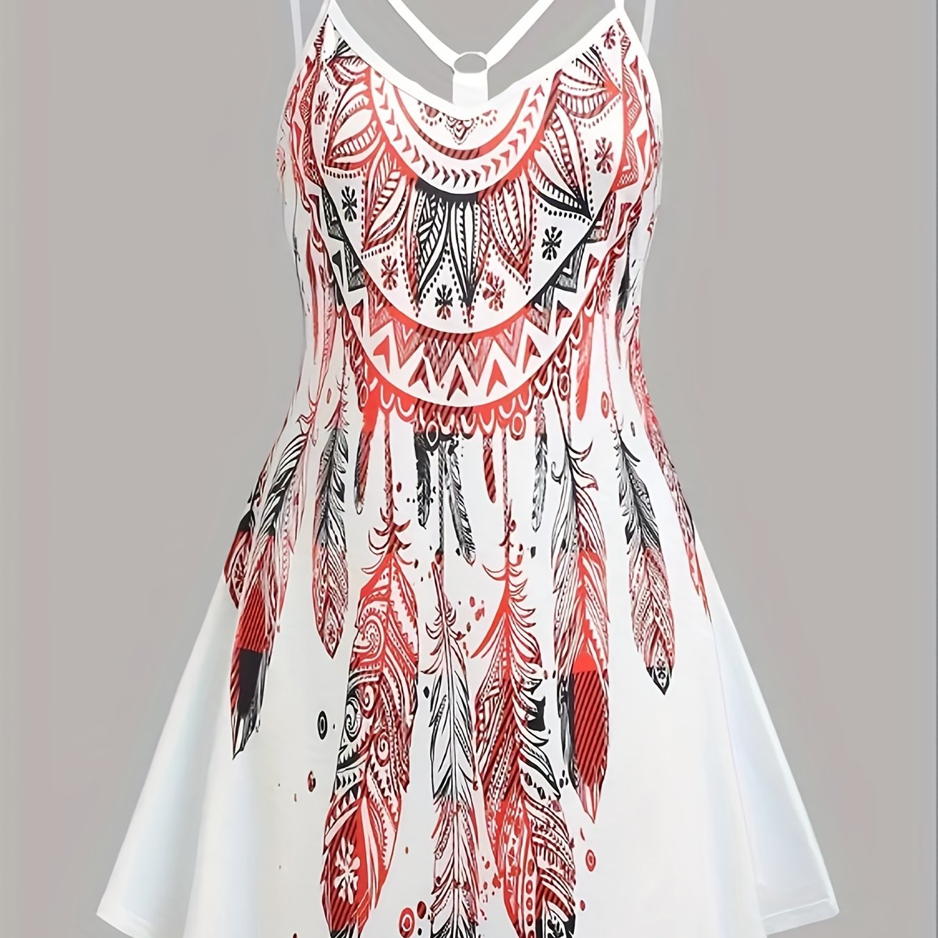 Feather Print Backless Dress Boho Spaghetti Strap Dress Women's Clothing