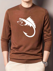 Fish Pattern Knitted Sweater Men's Casual Warm Pullover for Fall Winter