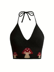 Y2K Mushroom Print Halter Top Sexy V Neck Summer Sleeveless Top