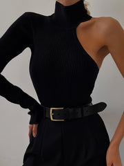 Asymmetric One Shoulder Ribbed Knit Long Sleeve Bodysuit