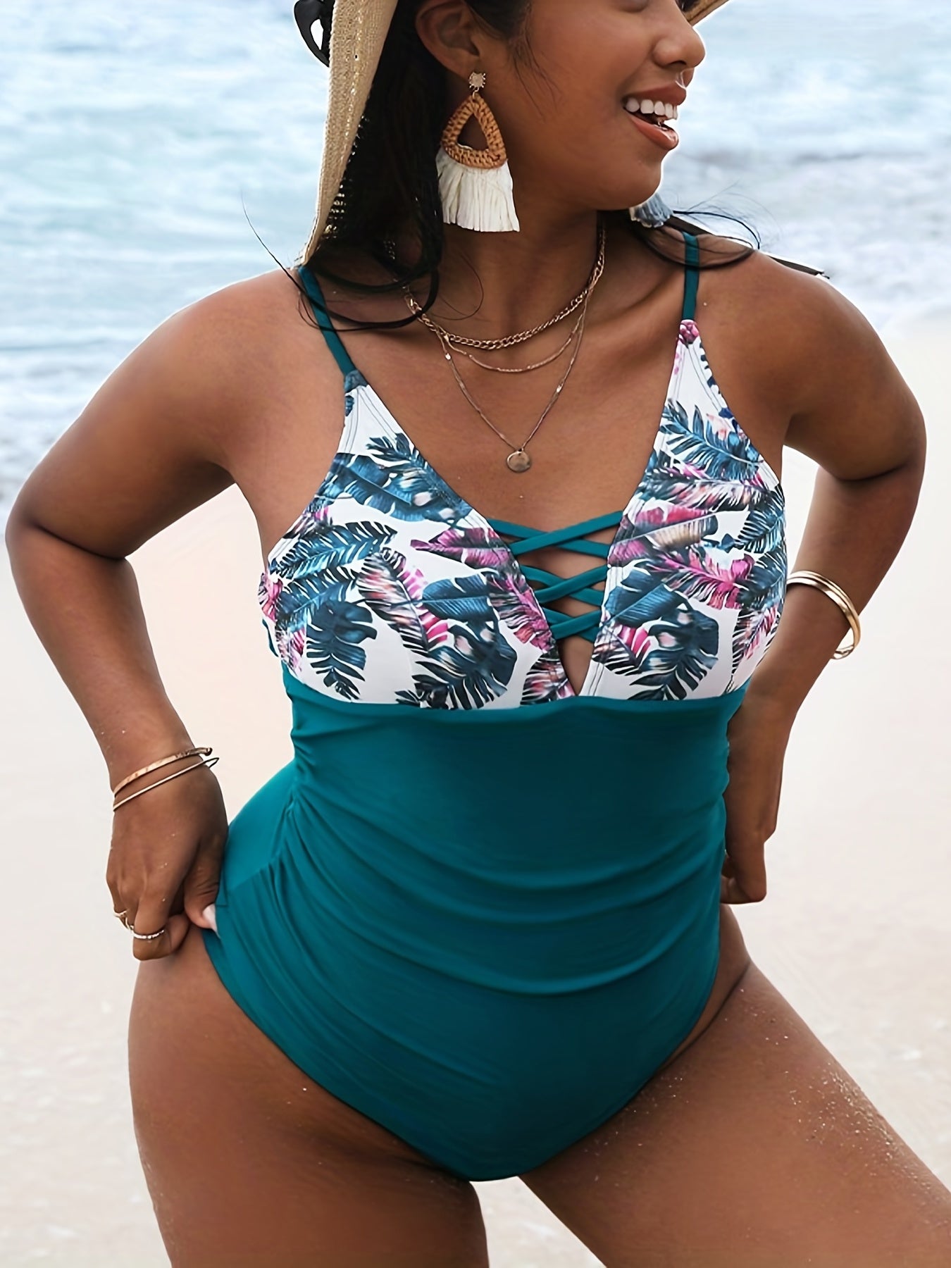 Boho Swimsuit Tropical Print Criss Cross Slim Fit Cami Swimsuit