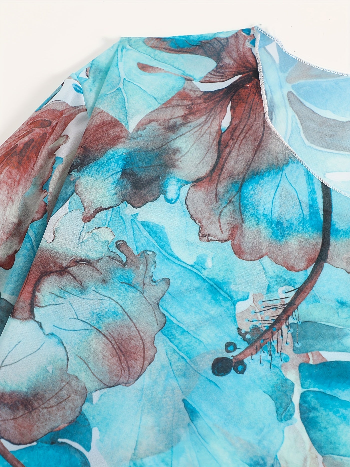 Tie Dye Leaf Print Long Sleeve Round Neck Cover Up