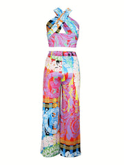 Block Graphic Print Set Sleeveless Crop Top & Wide Leg Pant