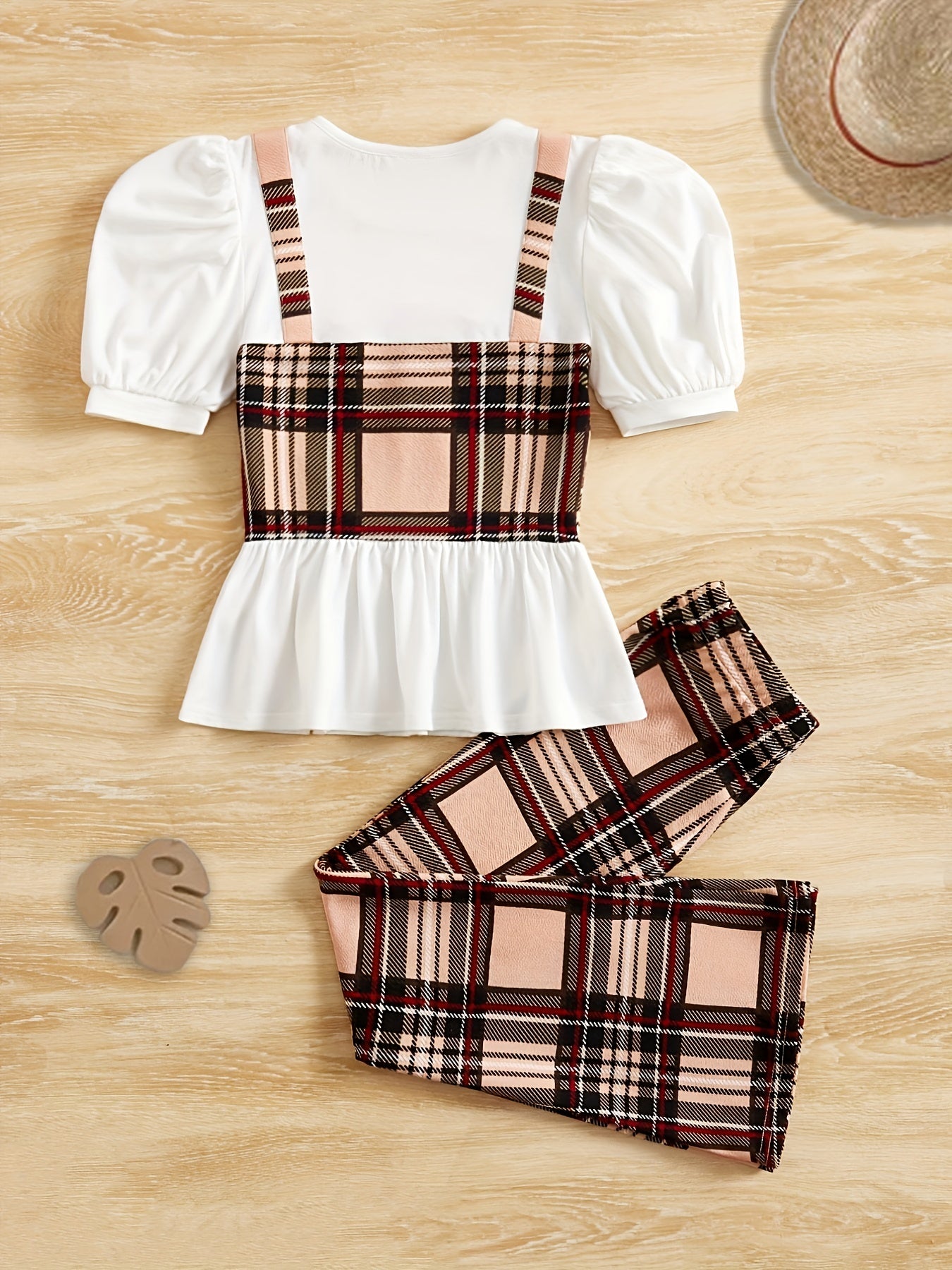 Girl's 2pc Puff Sleeve T-shirt & Flared Pants Set Plaid Pattern Outfit