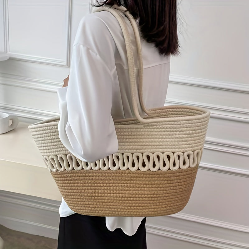 Large Capacity Straw Beach Bag Khaki Color