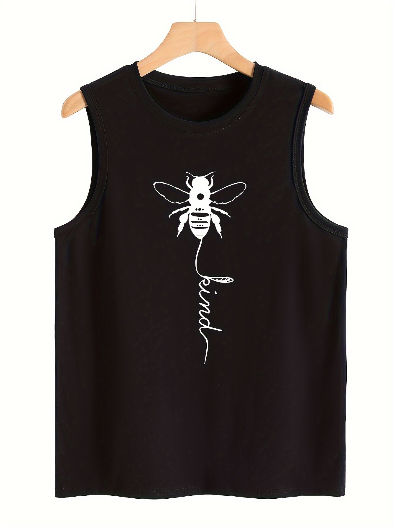 Bee Print Sleeveless Sports Vest Round Neck Stretchy Casual Tops