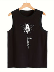 Bee Print Sleeveless Sports Vest Round Neck Stretchy Casual Tops