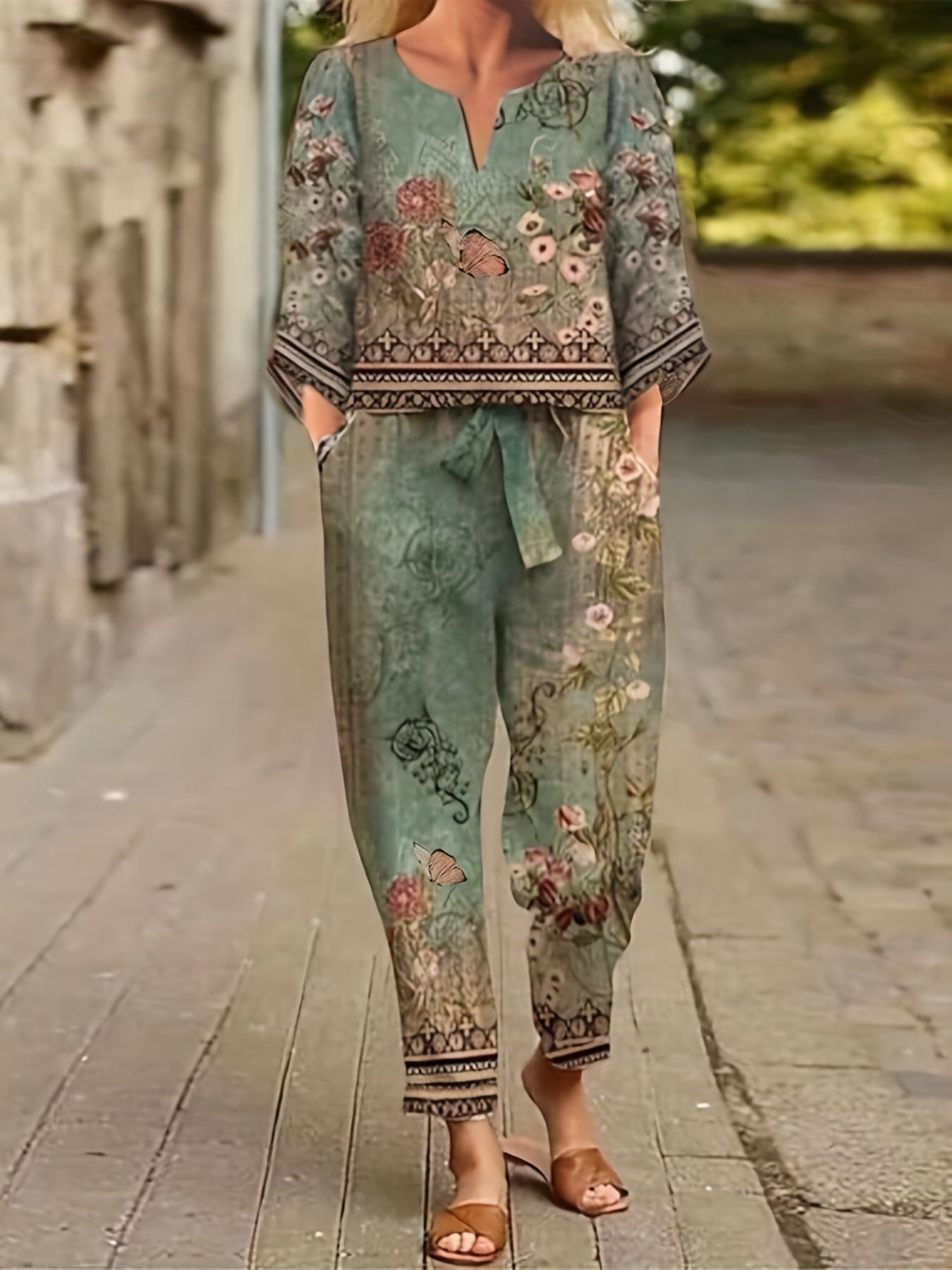 Floral Print Two Piece Set Long Sleeve Top & Pants