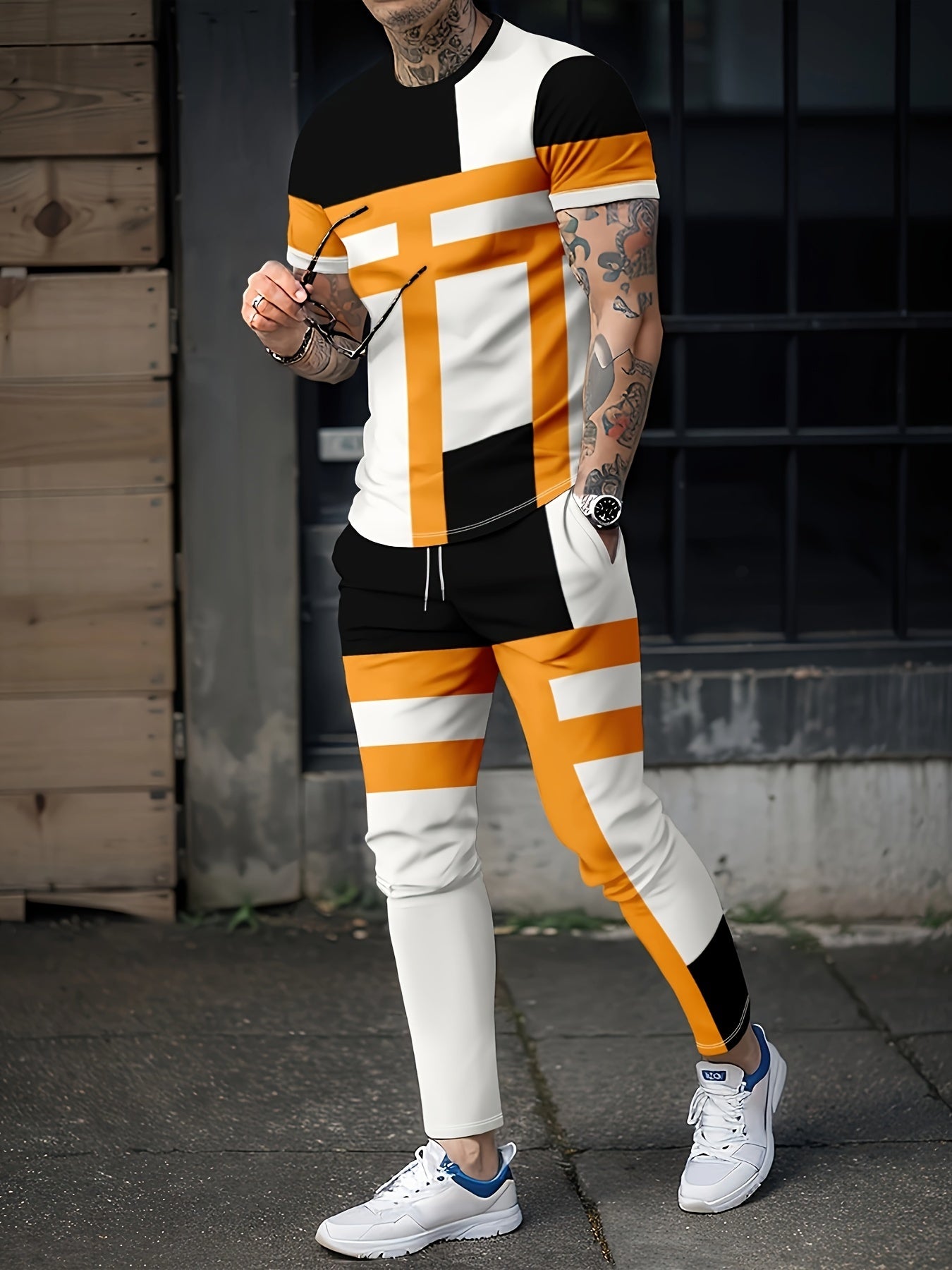 Men's Printed T-Shirt Joggers Set For Fitness