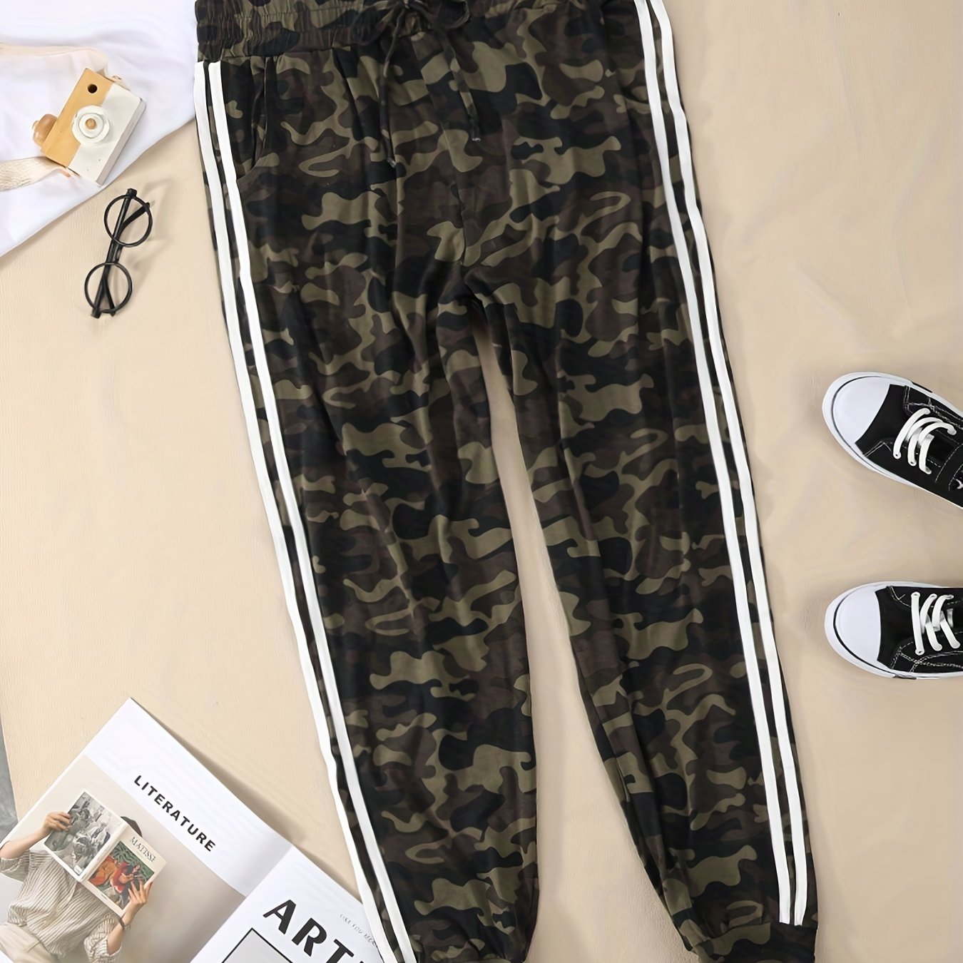 Women's Plus Camo & Stripe Print Tie Yoga Leggings