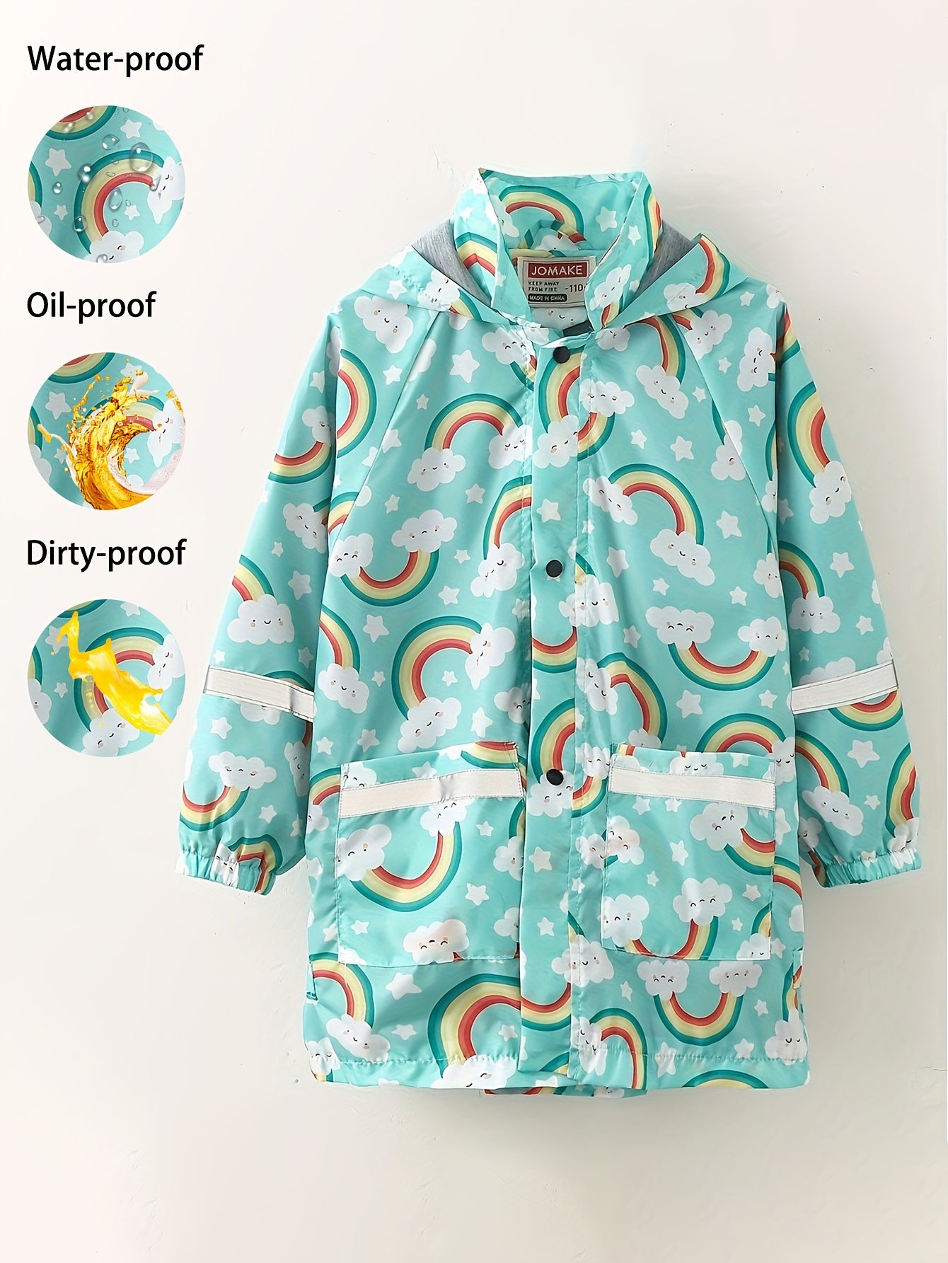 Rainbow Graphic Hooded Long Sleeve Raincoat Jacket For Girls