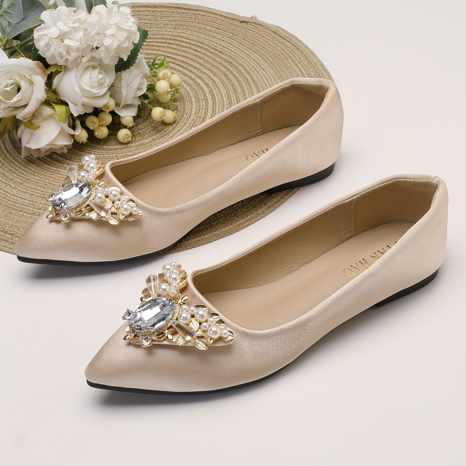 Women's Rhinestone Ballet Flats Pointed Toe Slip On Satin Soft Sole