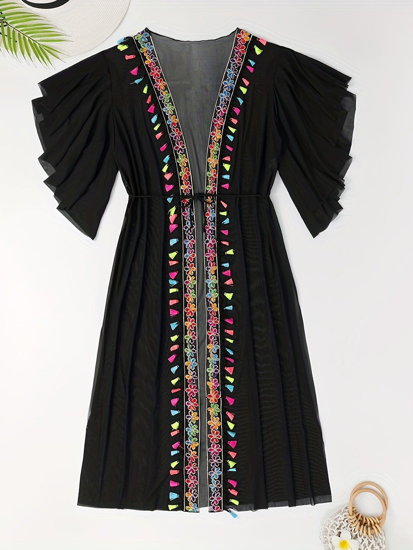 Boho Cover Up Flower Appliques Fringe Trim Ruffle Sleeve Mesh