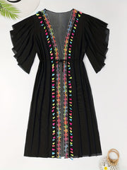 Boho Cover Up Flower Appliques Fringe Trim Ruffle Sleeve Mesh
